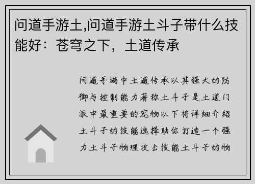问道手游土,问道手游土斗子带什么技能好：苍穹之下，土道传承
